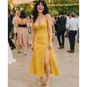 REFORMATION Tala Linen Sunflower Yellow Midi Dress Size 12 NEW